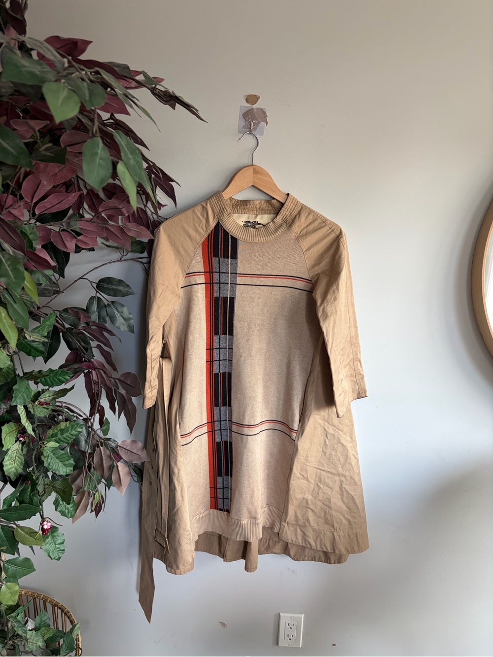 Burberry belted Beige Midi Dress with Red and Black Plaid Panel